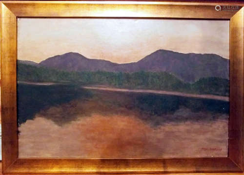 Large Oil on canvas of The lake seen