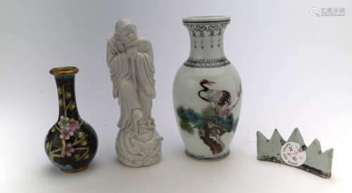 3 chinese porcelain vase, figure and brushholder. 1 Chinese Cloisonne vase