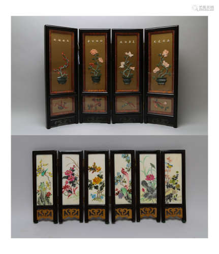 Rosewood four seasons screen with coral jade carving of flower and Small six screen with painting