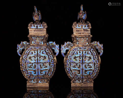 PAIR GILT SILVER DOUBLE EARS VASES