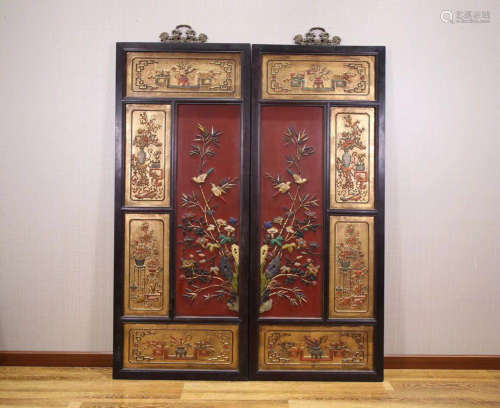 PAIR ZITAN WOOD AND STONE DECORATED SCREENS