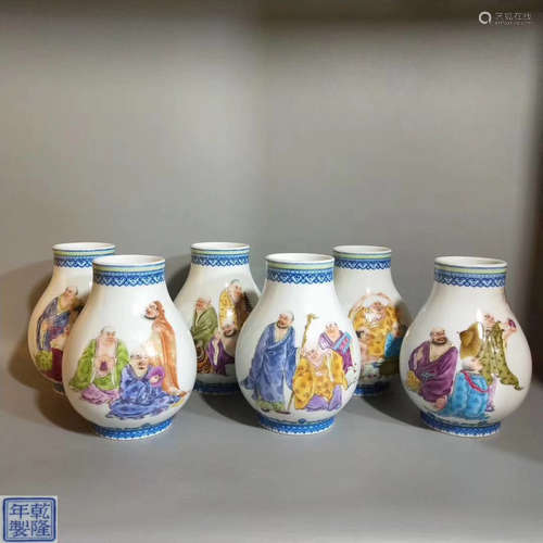 SIX COLOR GLAZE LUOHAN BUDDHA PATTERN VASES