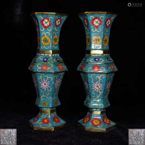 PAIR OF CLOISONNE ENAMEL HEXAGON VASE