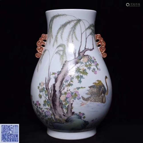 A FAMILLE-ROSE LOVER BIRDS VASE