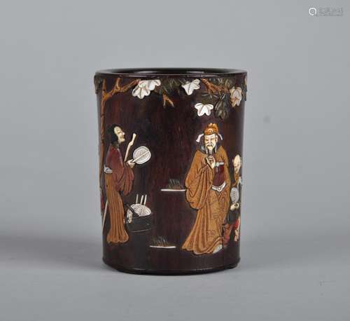 A Huanghuali n Engrave Jewel Scented Rosewood Brush Pot, Qing Dynasty