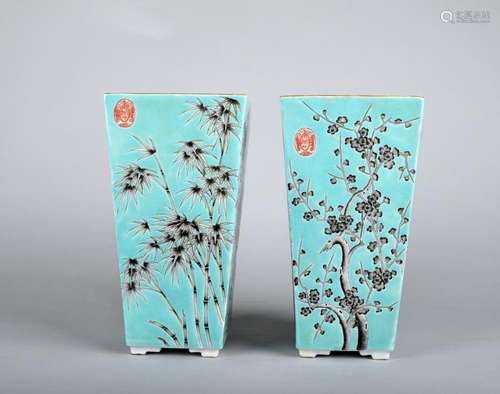 A Pair of Turquoise-ground Grisaille Flower Jars, Qing Dynasty