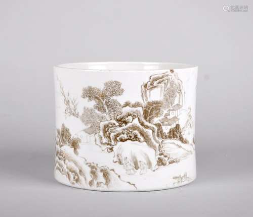 A Grisaille Mountainous Landscape Scenes Brush Holder, Qing Dynasty