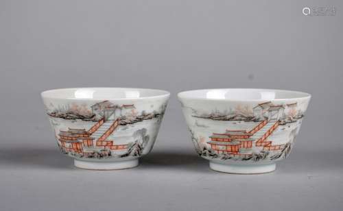 A Pair of Grisaille Cups, Qing Dynasty