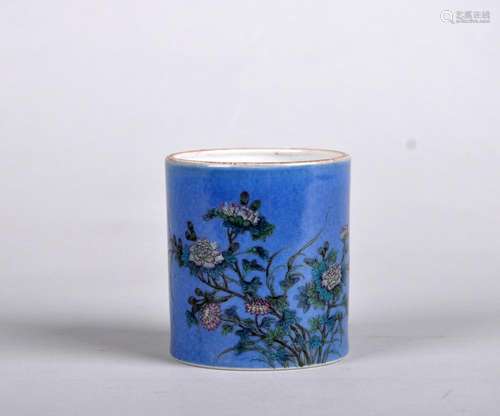 A Tang Yao Blue-ground Famille Rose Brush Pot, Qing Dynasty