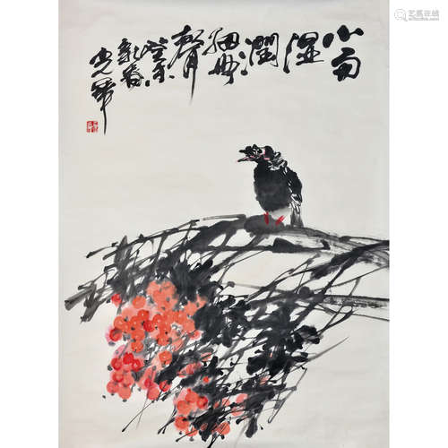 YU GUANGHUA: INK AND COLOR ON PAPER PAINTING 'FLOWERS AND BIRD'