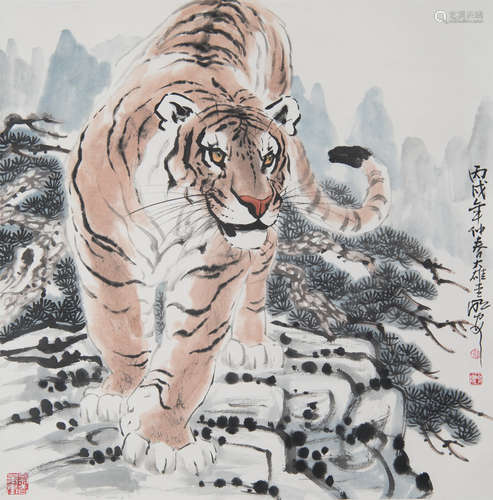 ZHOU MINGAN: INK AND COLOR ON PAPER PAINTING 'TIGER'