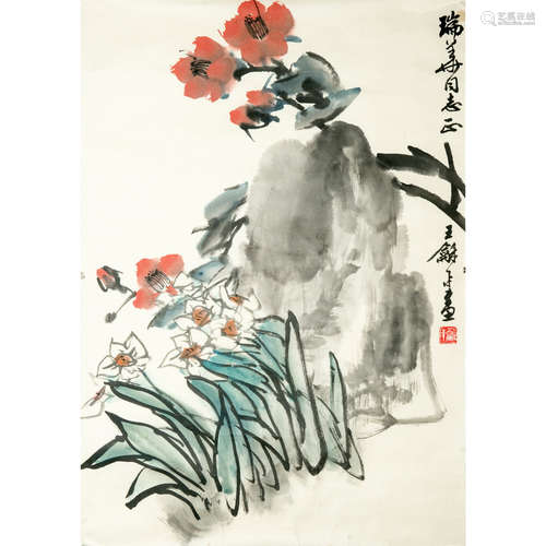 WANG HEPING: INK AND COLOR ON PAPER PAINTING 'FLOWERS'