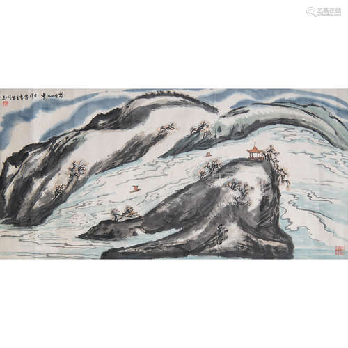 LU YIFEI: INK AND COLOR ON PAPER PAINTING 'RIVER SCENERY'