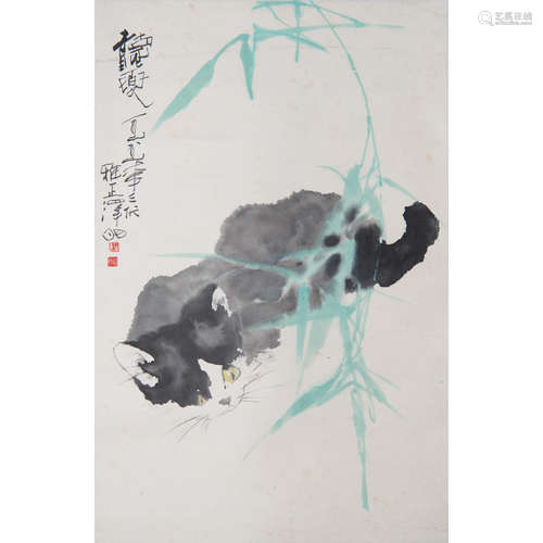 YANG ZEMING: INK AND COLOR ON PAPER PAINTING 'CAT'