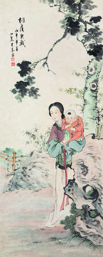 王素（1794～1877） 桐落儿戏 立轴 设色纸本