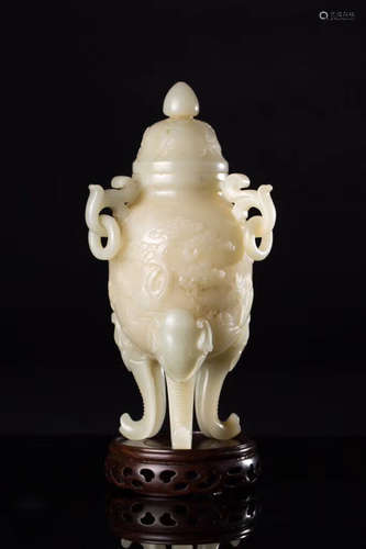 20TH CENTURY, A CRANE&PLANT PATTERN HETIAN JADE DOUBLE-EAR BOTTLE, CHUANGHUI PERIOD