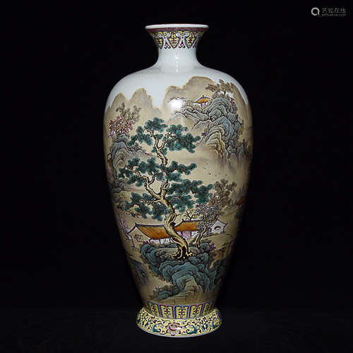 A FAMILLE ROSE LANDSCAPE PATTERN PLUM VASE