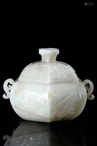 17-19TH CENTURY, A LOTUS PATTERN HETIAN JADE DOUBLE-EAR HEXAGON POT, QING DYNASTY