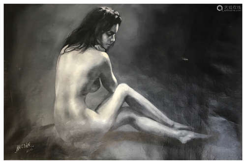 OIL PAINTING <A WOMAN IN WHITE&BLACK>