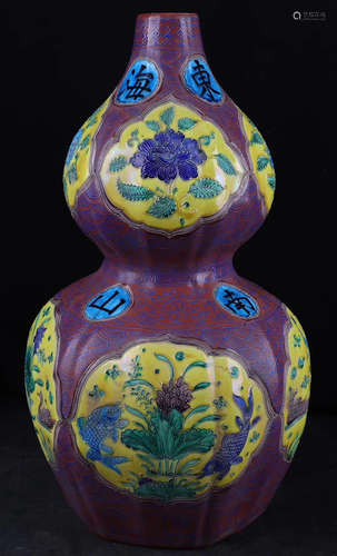 A FISH&ALGAE PATTERN FAHUA COLOUR GOURD DESIGN VASE