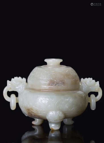 17-19TH CENTURY, A HETIAN JADE DOUBLE-EAR BURNING CENSER, QING DYNASTY