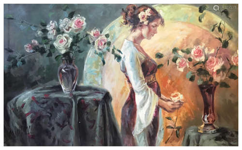 OIL PAINTING <A WOMAN STANDS BEFORE THE FLOWERS>