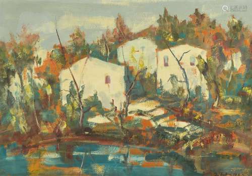 Unidentified artist, mid-20th century, houses behind