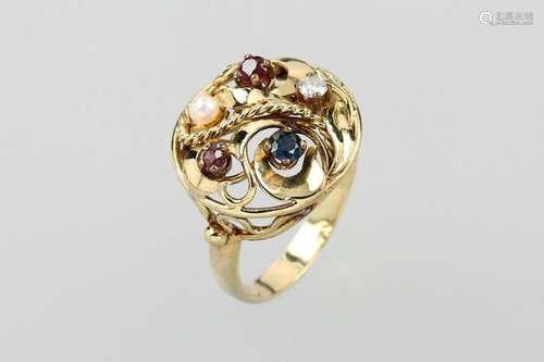 14 kt gold ring with coloured stones and pearl