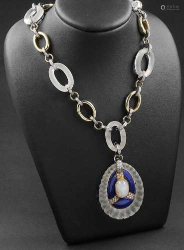 14 kt gold jewelry set with lapis lazuli, rockcrystal, diamonds and sapphires