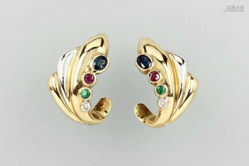 Pair of 14 kt gold earrings with coloured stones and diamonds