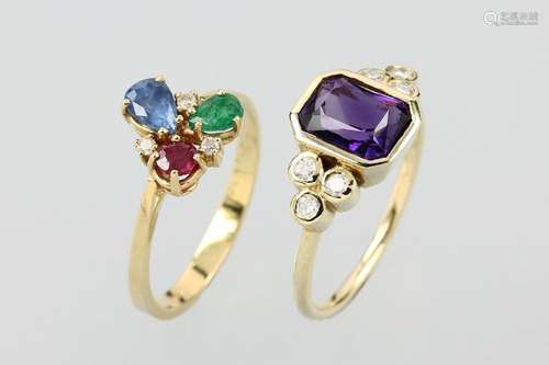 Lot 2 gold rings with coloured stones and diamonds