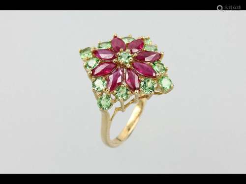 14 kt gold ring with coloured stones