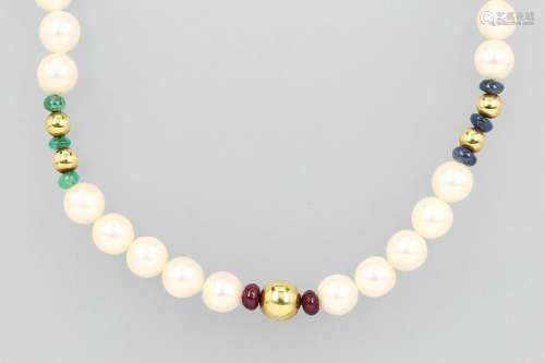 SCHÖFFEL necklace made of cultured akoya pearls with coloured stones