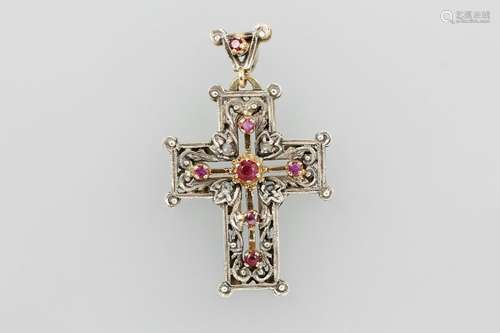 Crosspendant with rubies and diamonds, YG 750/000 and silver