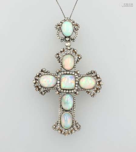 Big 14 kt gold crosspendant/-brooch with diamonds and opals