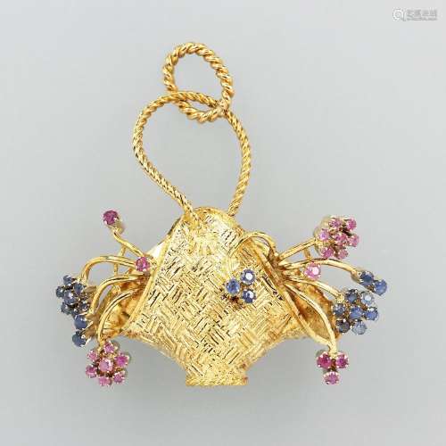 18 kt gold pendant 'flowerbasket' with coloured stones