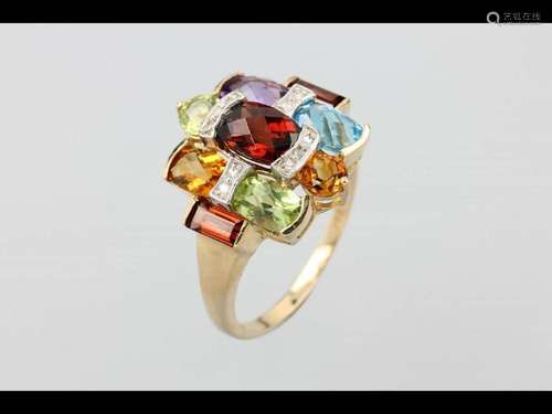 14 kt gold ring with coloured stones and diamonds