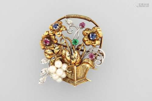 14 kt gold brooch 'flowerbasket' with cultured pearls, diamonds and coloured stones