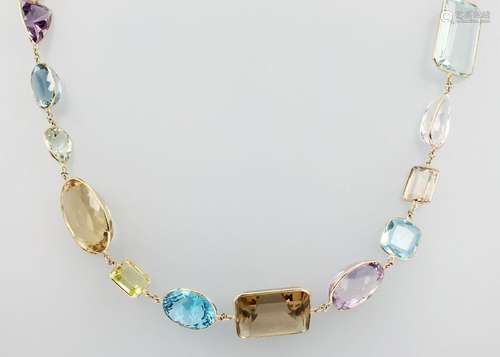 Unusual 18 kt gold necklace with coloured stones