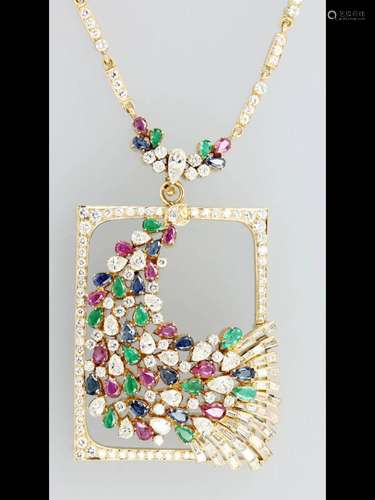 Unusual 18 kt gold necklace with coloured stones and diamonds