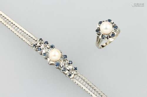 14 kt gold jewelry set with cultured pearl andsapphires