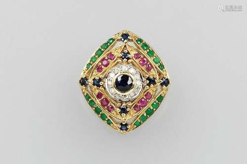 14 kt gold pendant/brooch with coloured stones and diamonds