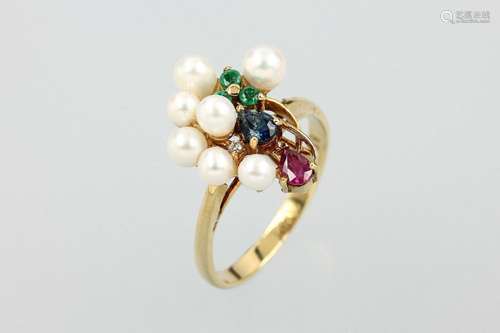 14 kt gold ring with cultured pearl and coloured stones