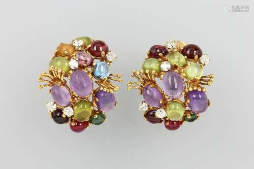 Pair of 18 kt gold earrings with coloured stones