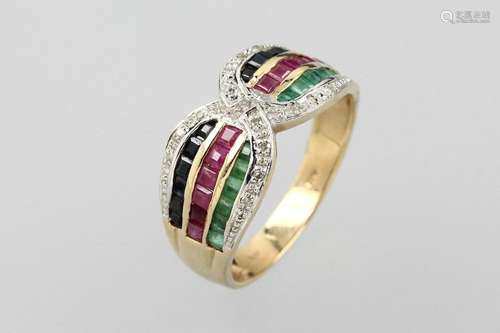 14 kt gold ring with coloured stones and diamonds