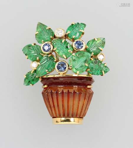 18 kt gold brooch/pendant 'flowerbasket' with coloured stones and brilliants