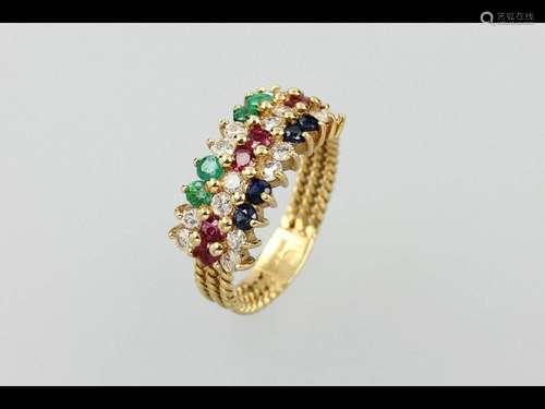 14 kt gold ring with coloured stones and brilliants