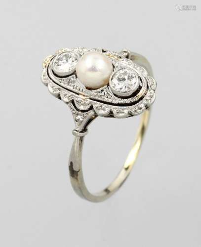 14 kt gold Art-Deco-Ring with pearl and diamonds