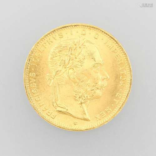 Gold coin, 8 Florin 20 Swiss Francs, Austria- Hungary, 1892