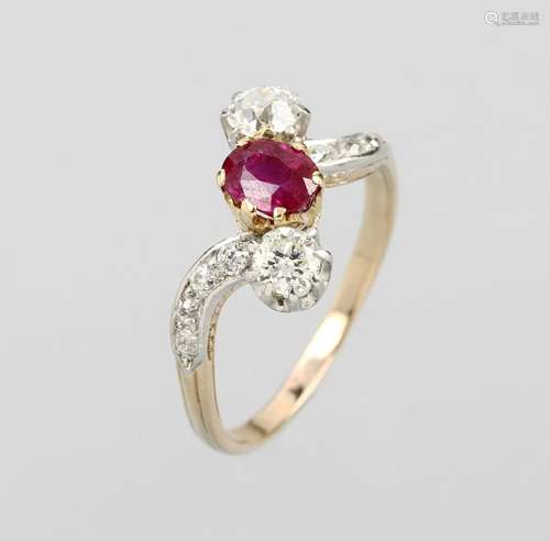 Art Nouveau ring with diamonds and ruby